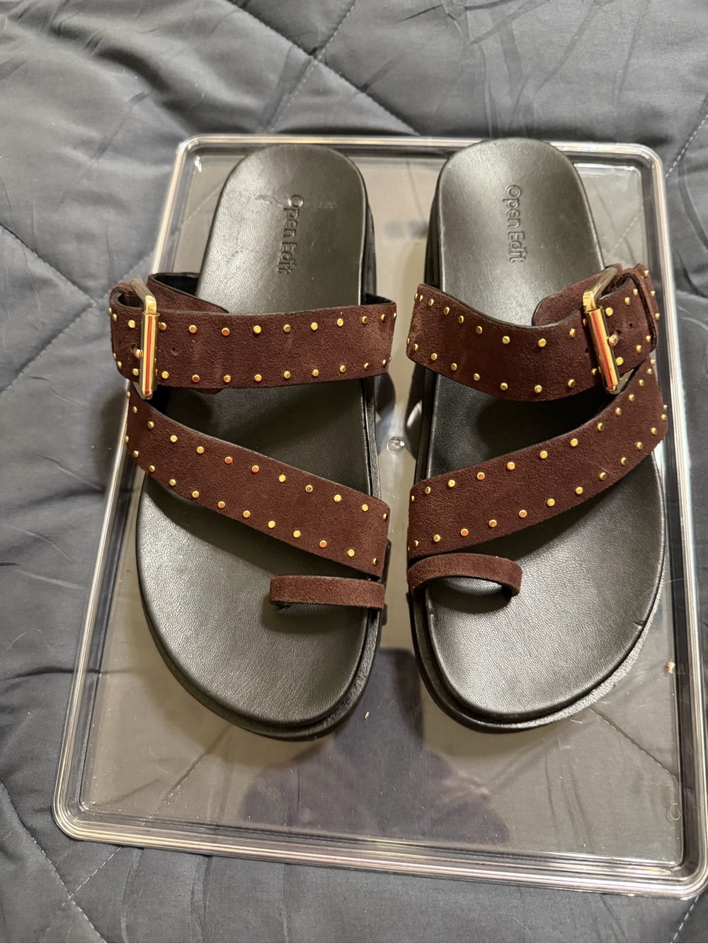 Brown Suede Studded Strap Sandals